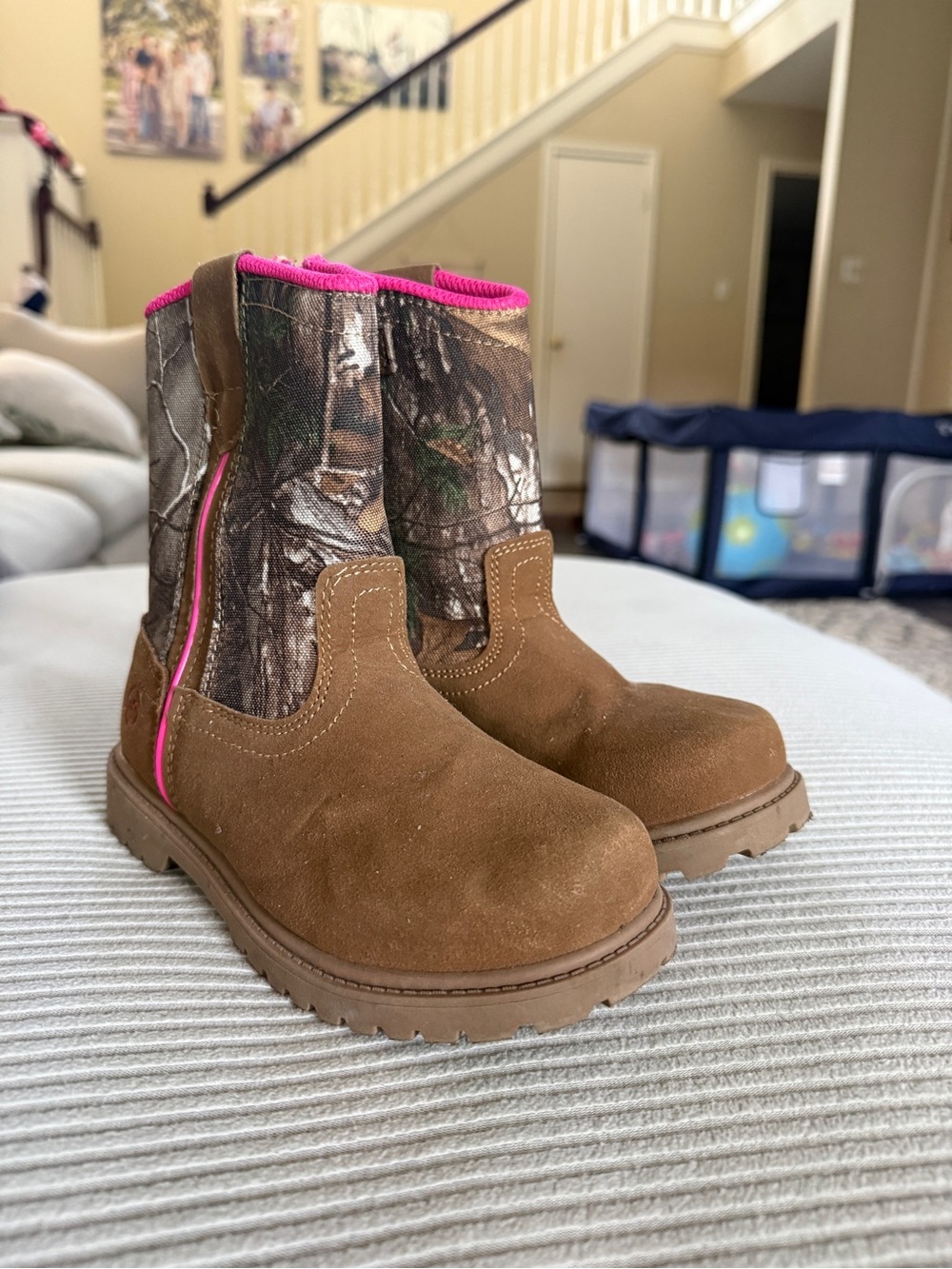 Magellan Outdoors Kids Brown Suede & Camo Boots with Pink Trim